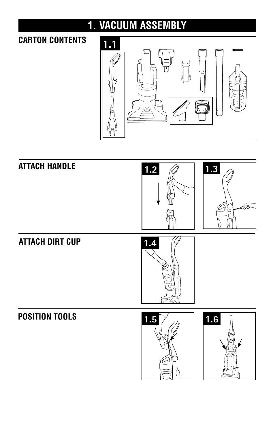 Vacuum assembly, Attach handle, Position tools | Attach dirt cup, Carton contents | Hoover Vacuum Cleaner User Manual | Page 5 / 48