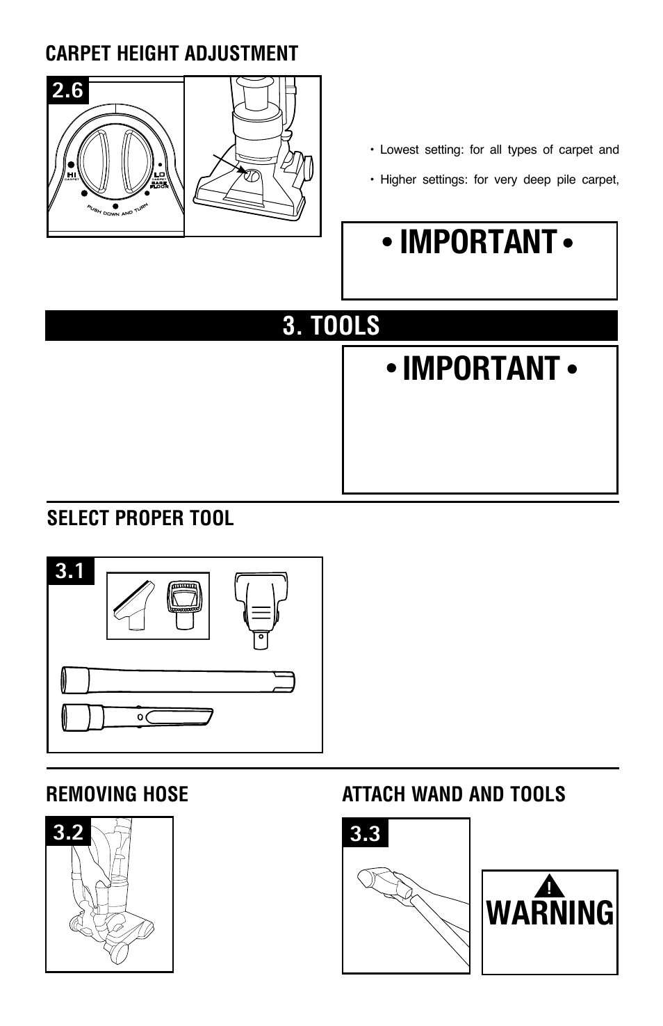 Warning, Important, Tools | Select proper tool, Removing hose, Attach wand and tools, Carpet height adjustment | Hoover Vacuum Cleaner User Manual | Page 7 / 48