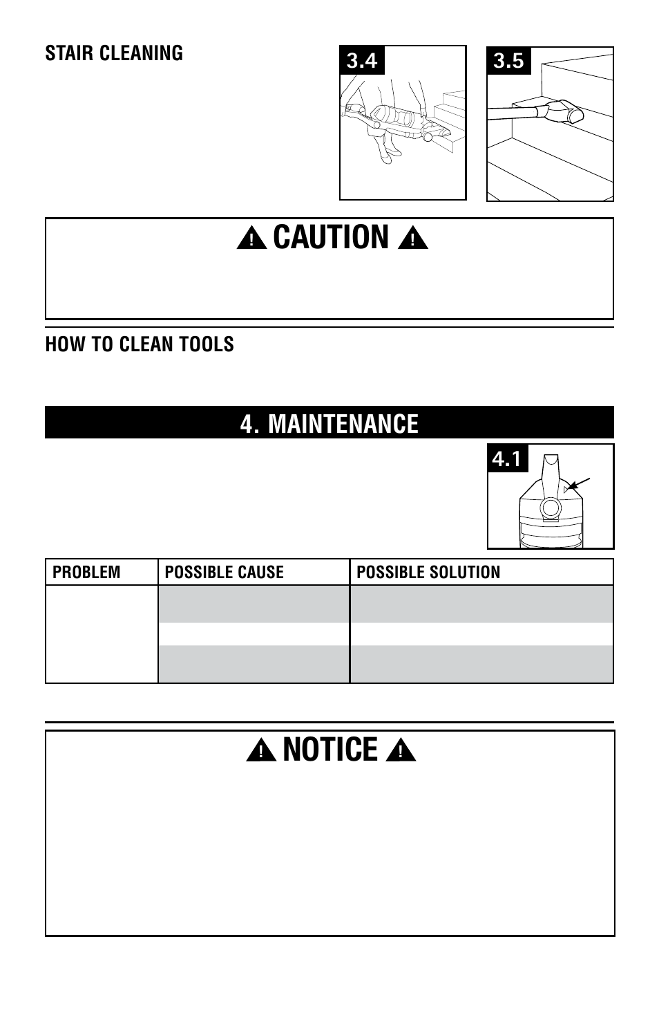 Notice, Caution, Maintenance | How to clean tools, Stair cleaning | Hoover Vacuum Cleaner User Manual | Page 8 / 48