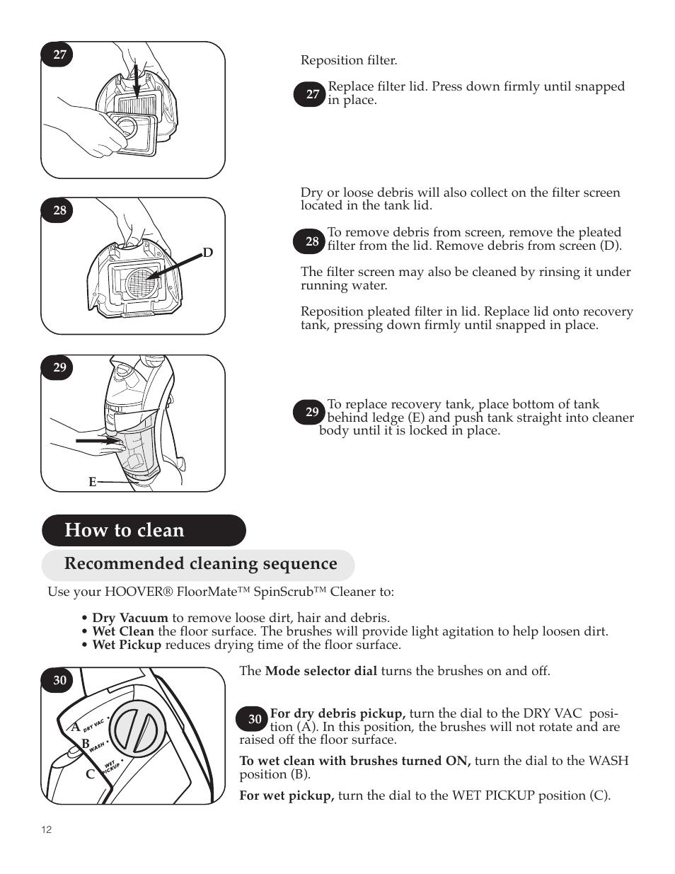 How to clean, Recommended cleaning sequence | Hoover FloorMate User Manual | Page 12 / 44