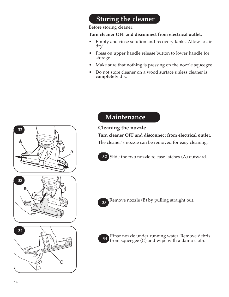 Maintenance, Storing the cleaner | Hoover FloorMate User Manual | Page 14 / 44