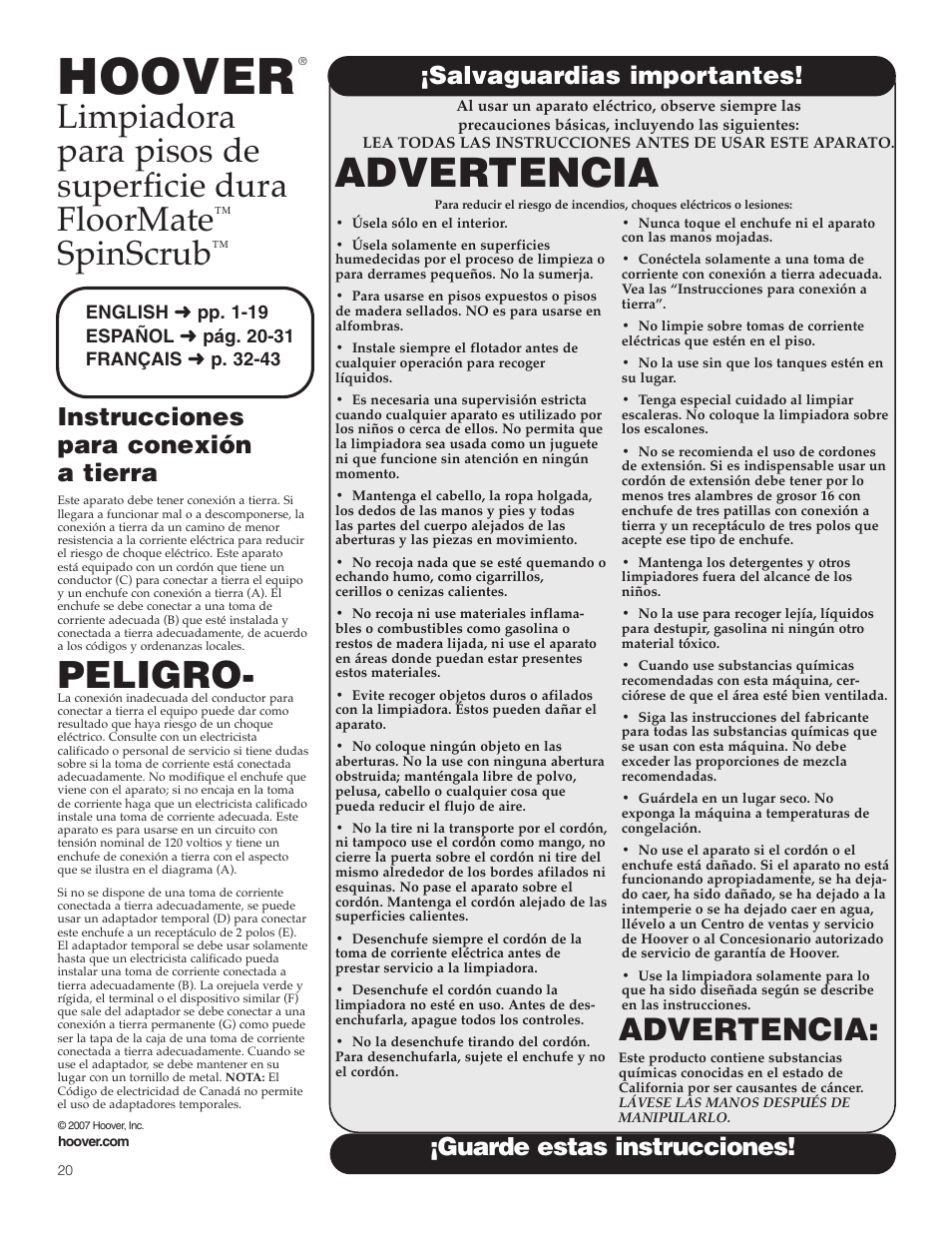 Hoover, Advertencia, Peligro | Limpiadora para pisos de superficie dura floormate, Spinscrub, Instrucciones para conexión a tierra, Salvaguardias importantes, Guarde estas instrucciones | Hoover FloorMate User Manual | Page 20 / 44