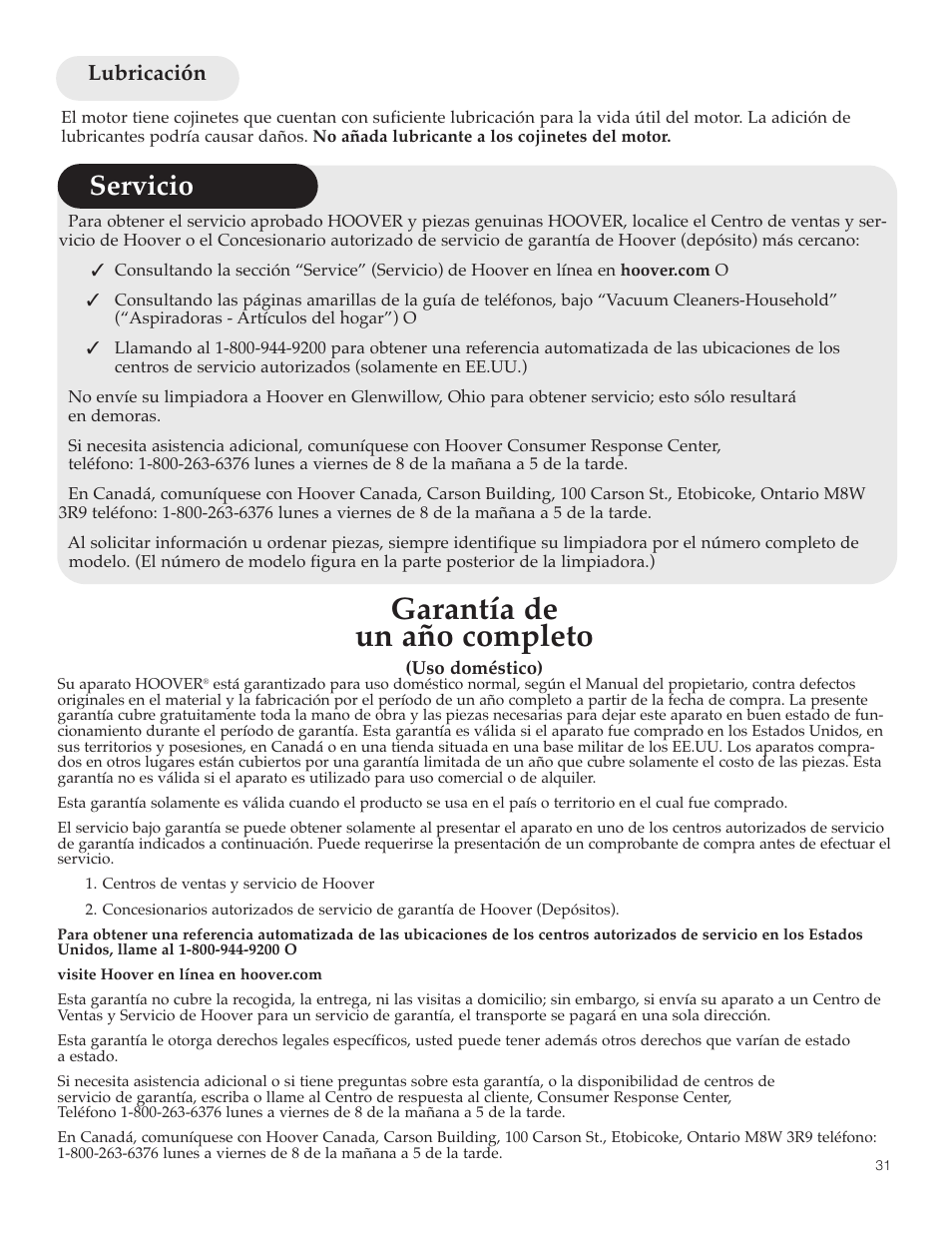 Garantía de un año completo, Servicio, Lubricación | Hoover FloorMate User Manual | Page 31 / 44