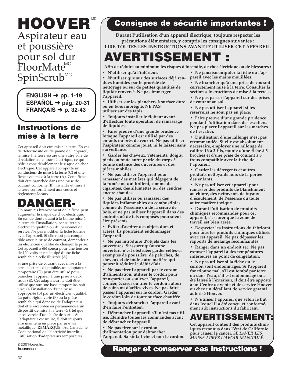 Hoover, Avertissement, Danger | Instructions de mise à la terre, Consignes de sécurité importantes, Ranger et conserver ces instructions | Hoover FloorMate User Manual | Page 32 / 44