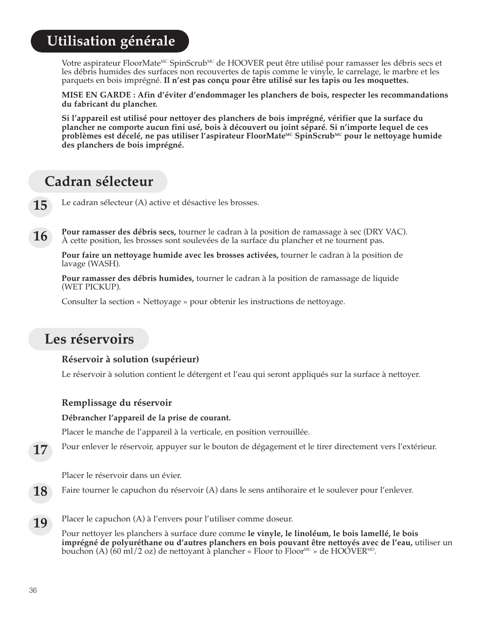 Cadran sélecteur les réservoirs | Hoover FloorMate User Manual | Page 36 / 44