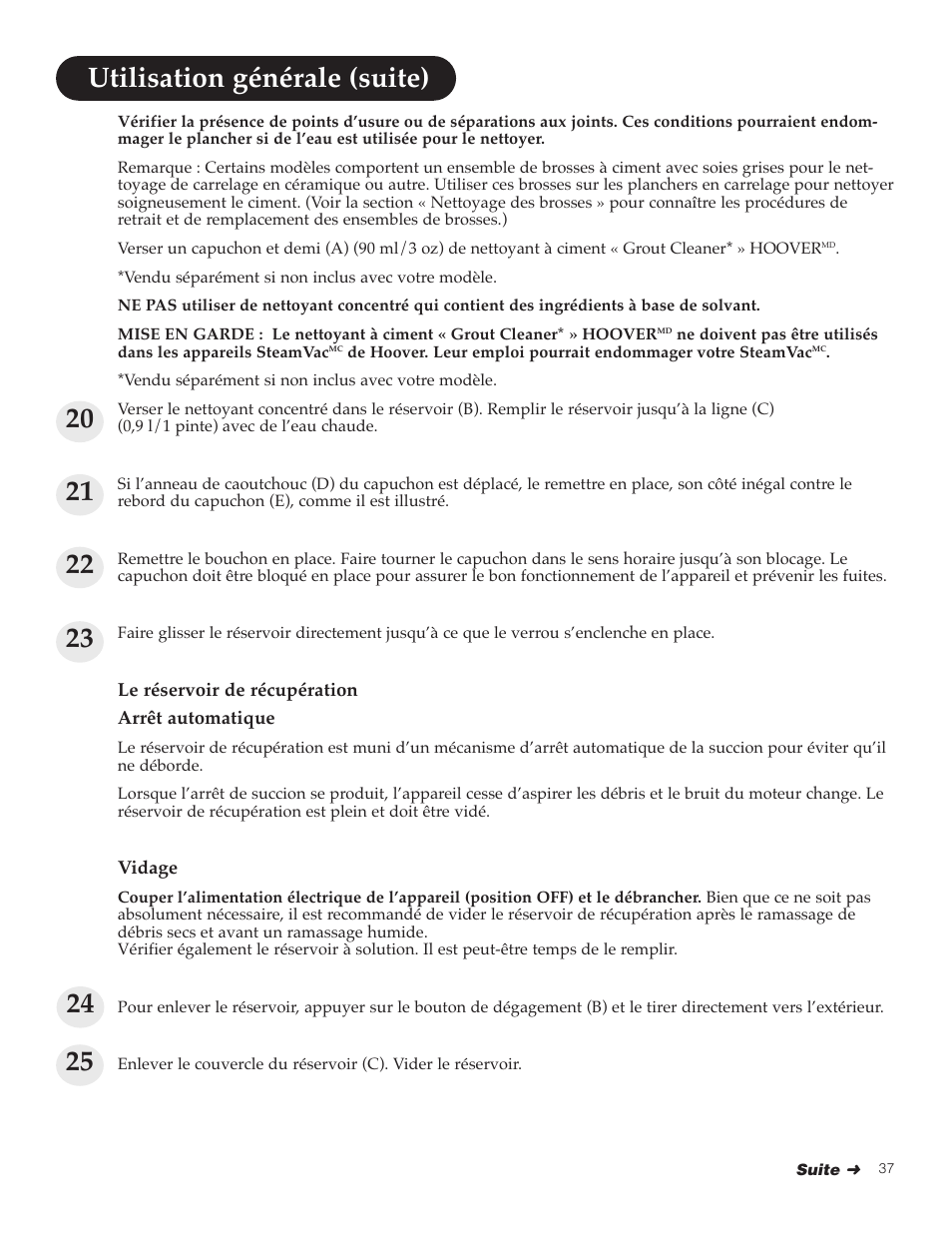 Utilisation générale (suite) | Hoover FloorMate User Manual | Page 37 / 44