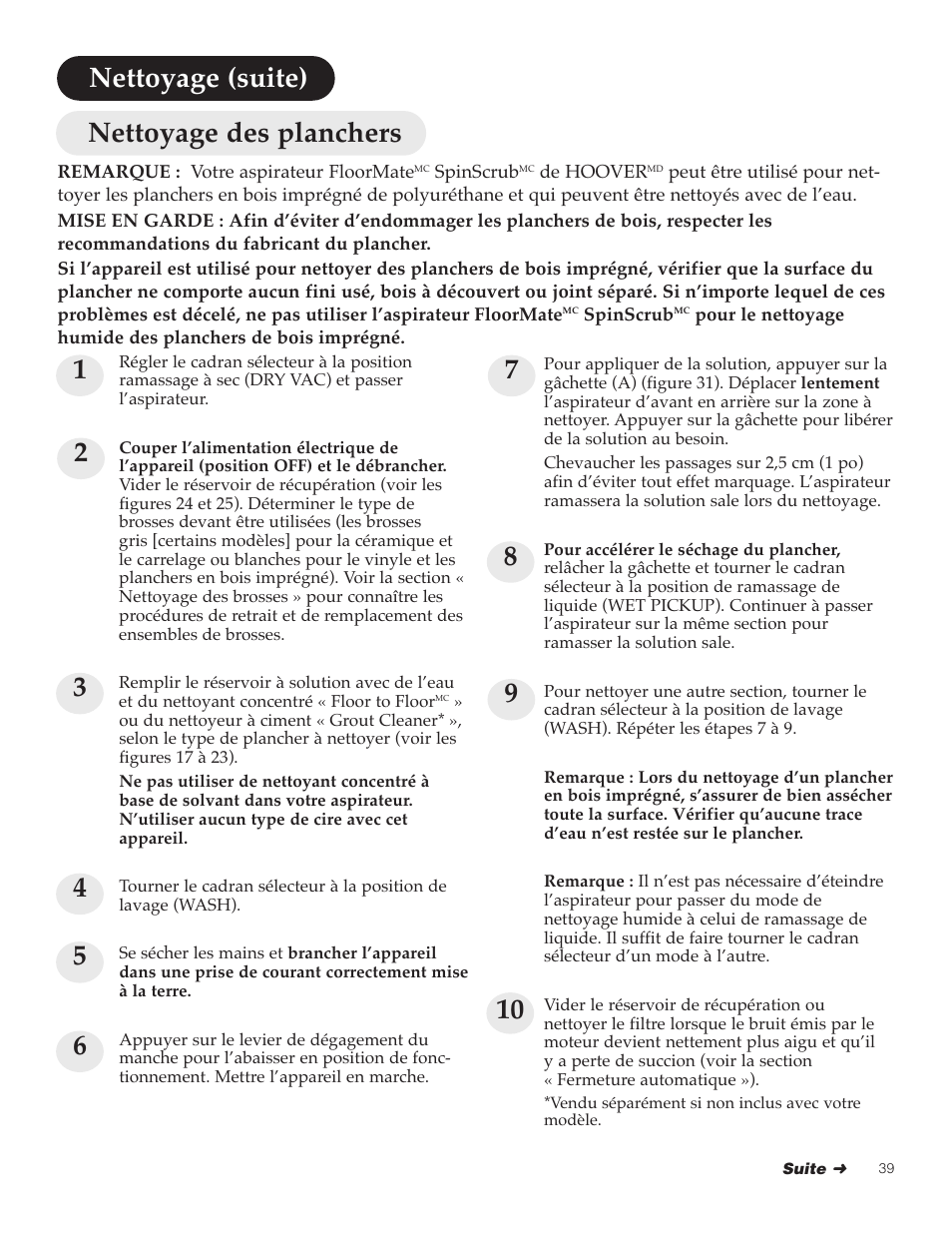 Nettoyage des planchers | Hoover FloorMate User Manual | Page 39 / 44