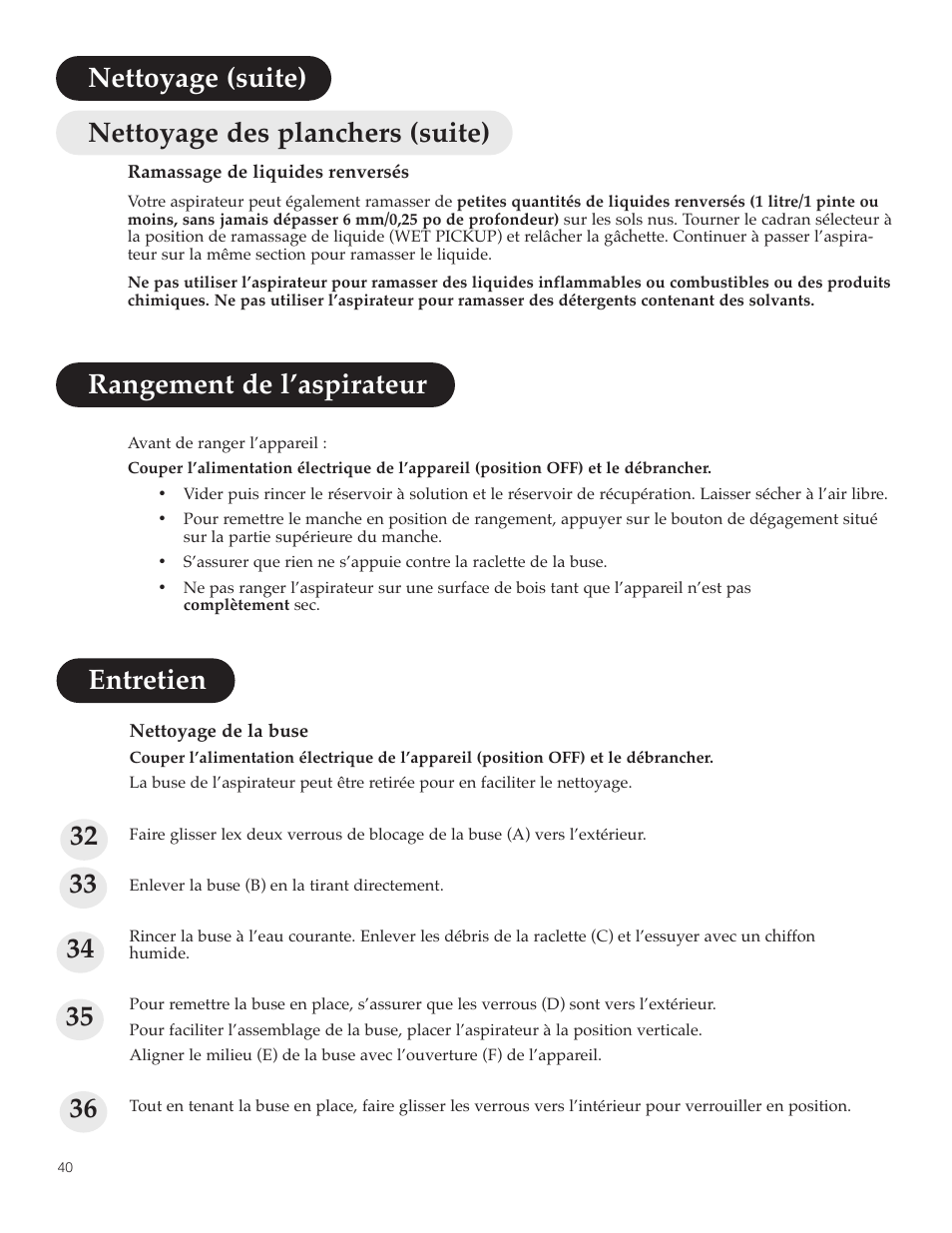 Nettoyage (suite) nettoyage des planchers (suite) | Hoover FloorMate User Manual | Page 40 / 44