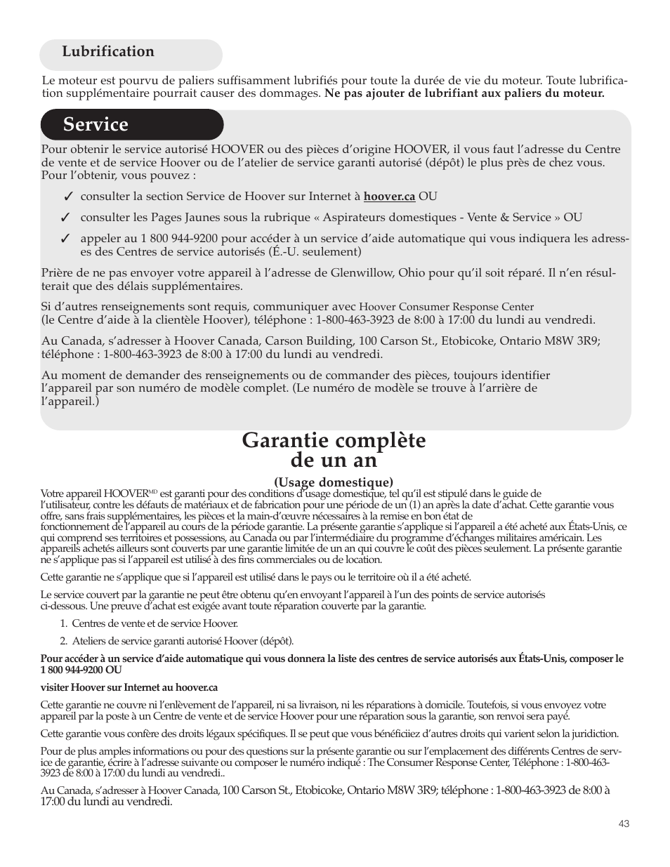 Garantie complète de un an, Service, Lubrification | Hoover FloorMate User Manual | Page 43 / 44