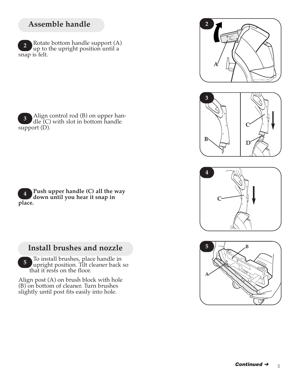 Assemble handle, Install brushes and nozzle | Hoover FloorMate User Manual | Page 5 / 44