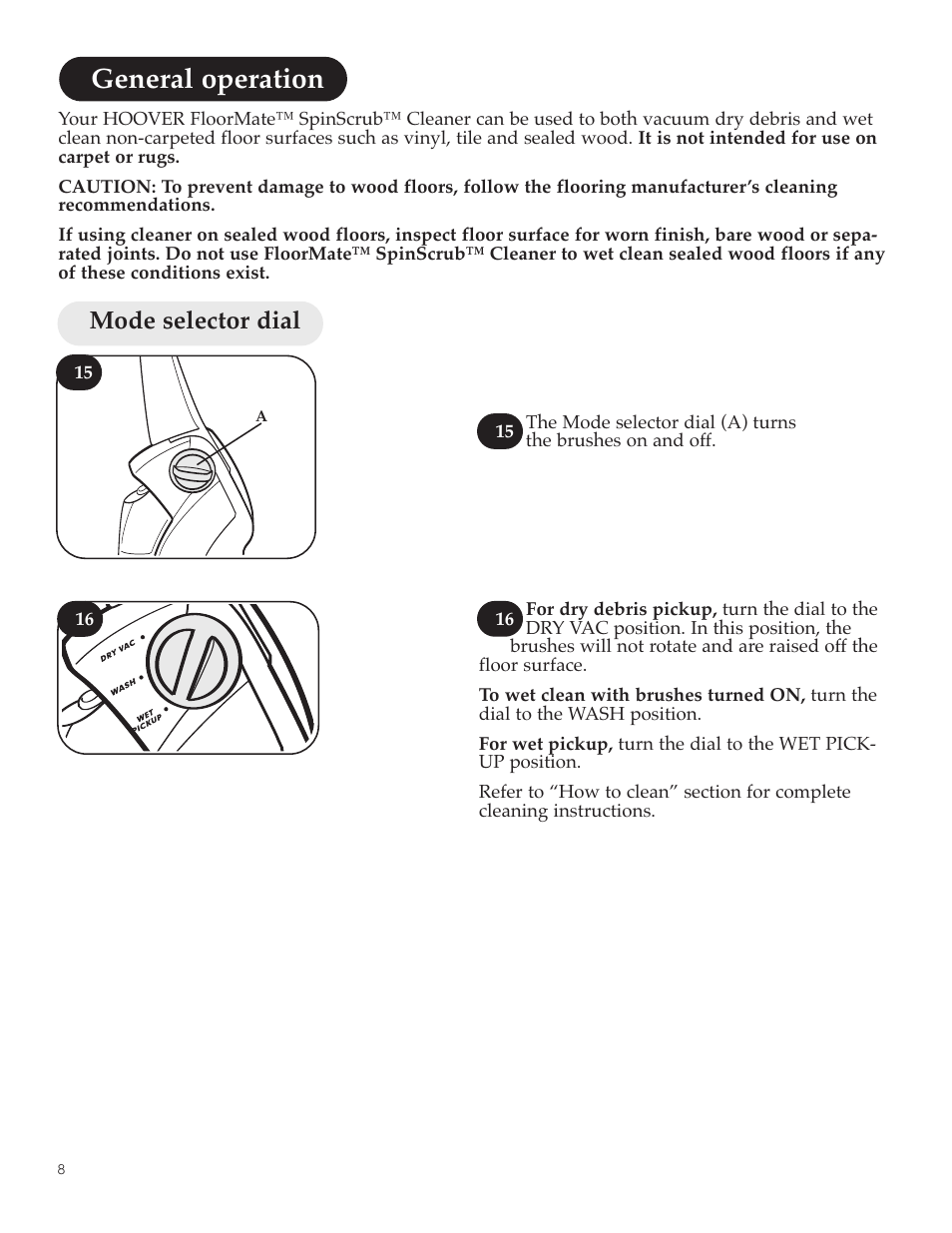 General operation, Mode selector dial | Hoover FloorMate User Manual | Page 8 / 44