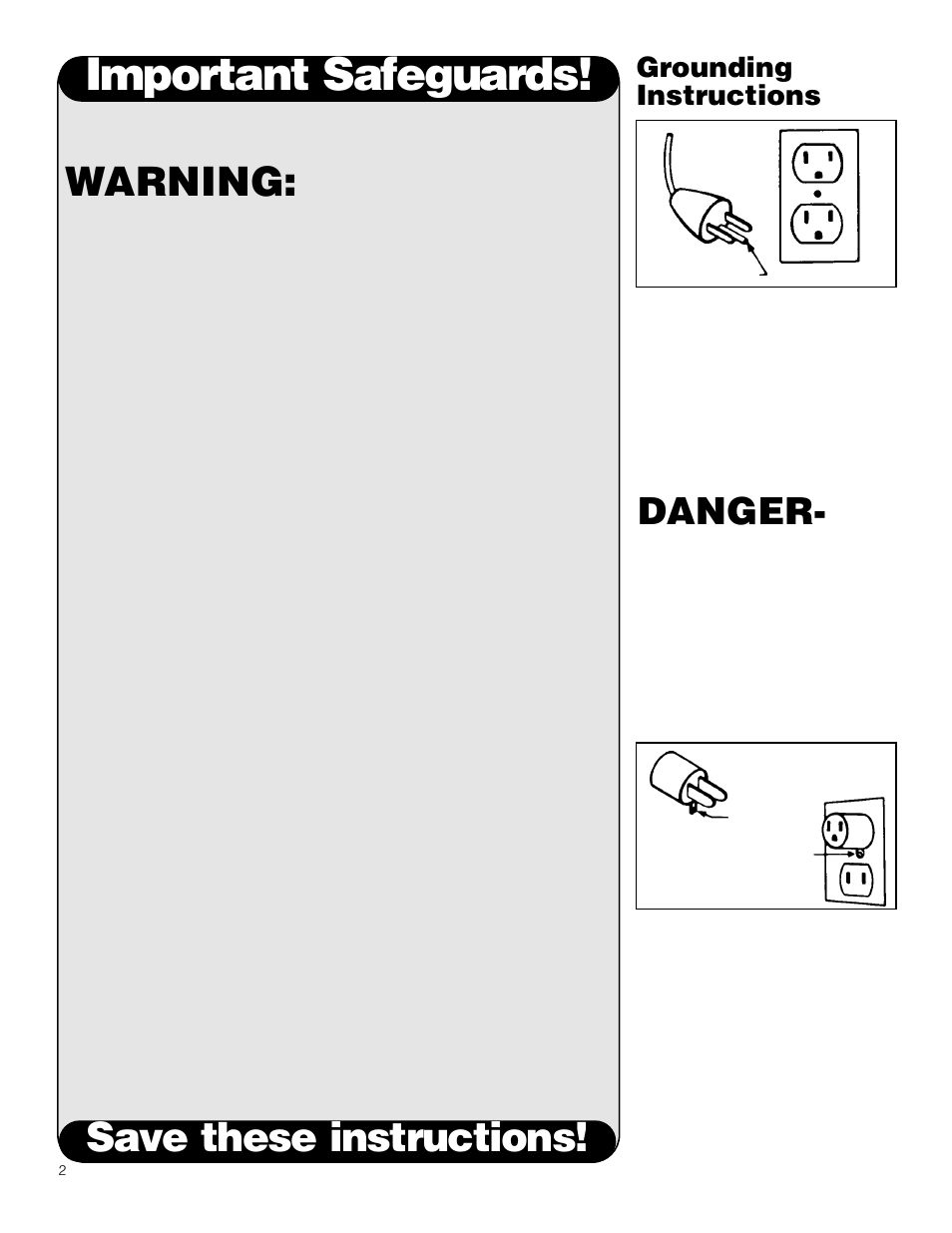 Important safeguards, Warning, Save these instructions | Danger, Grounding instructions | Hoover Deep Cleaner User Manual | Page 2 / 15