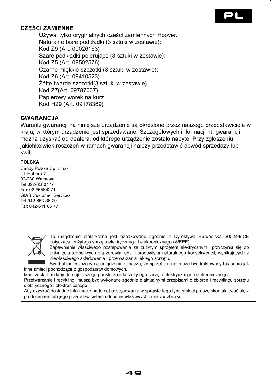Hoover hard floor polisher User Manual | Page 49 / 56
