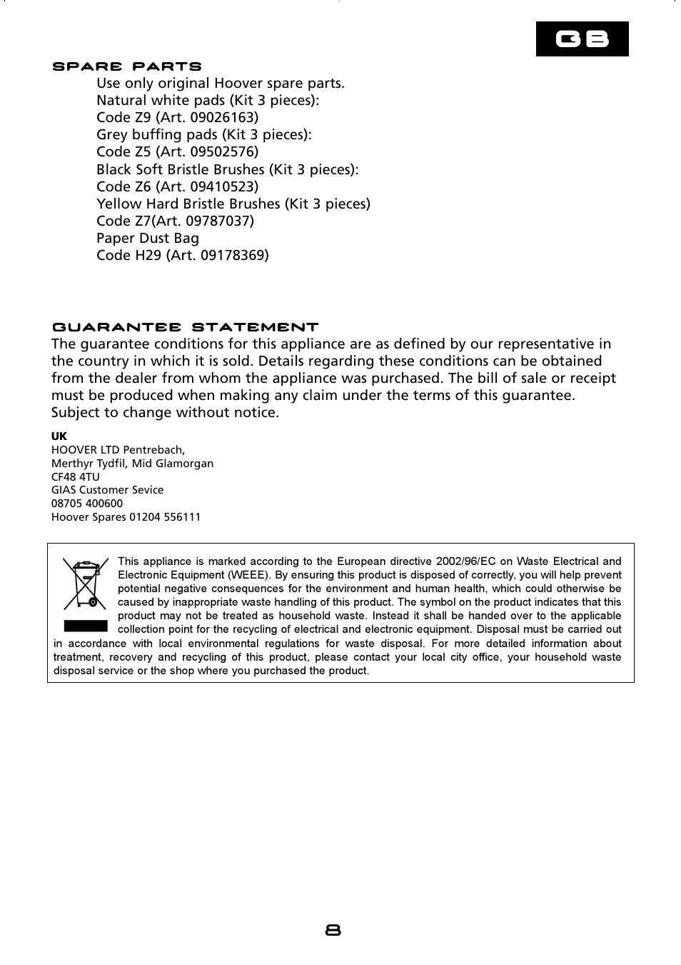 Hoover hard floor polisher User Manual | Page 8 / 56