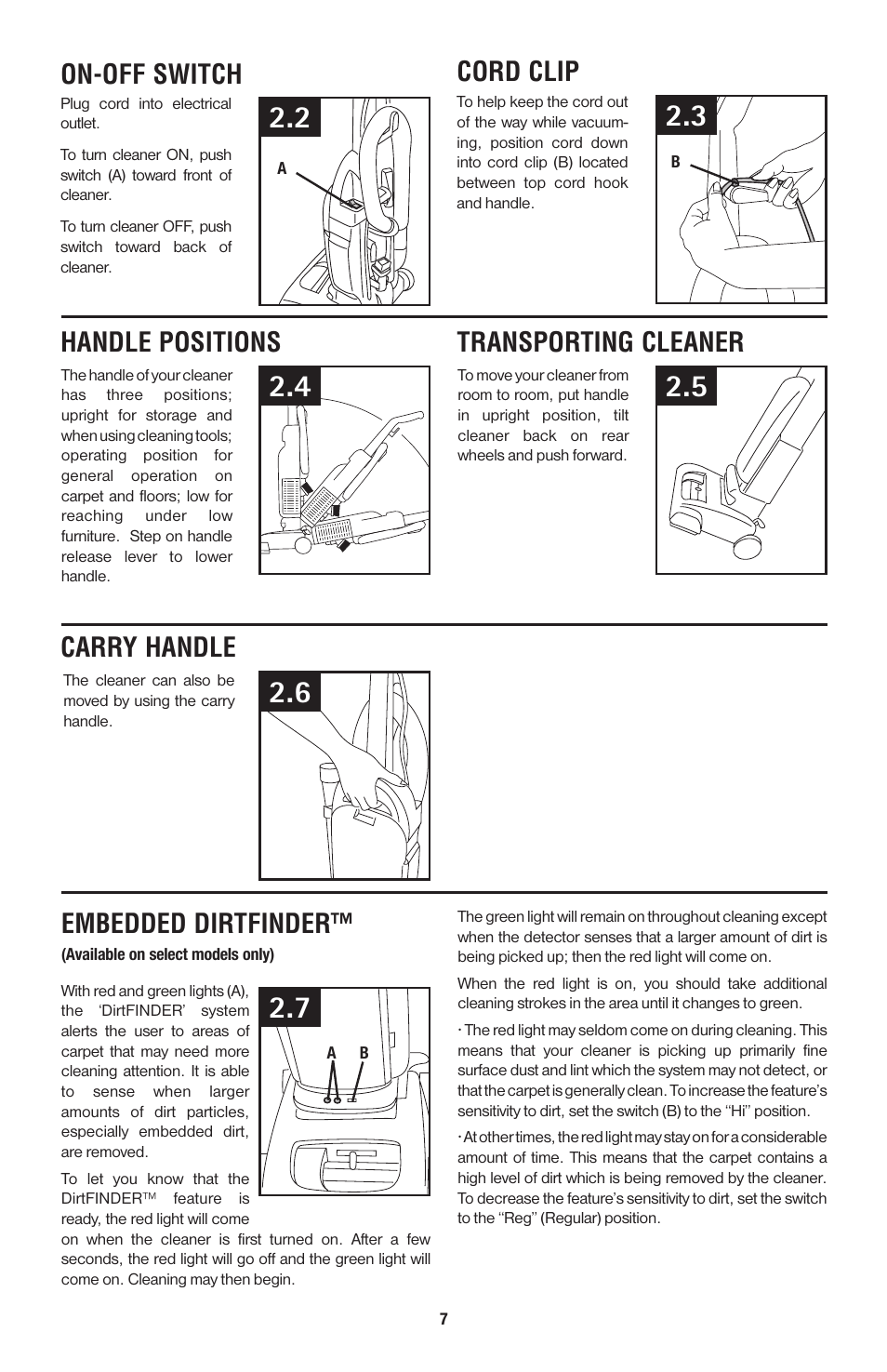 On-off switch cord clip, Handle positions, Transporting cleaner | Carry handle, Embedded dirtfinder | Hoover 56511A46 User Manual | Page 14 / 48