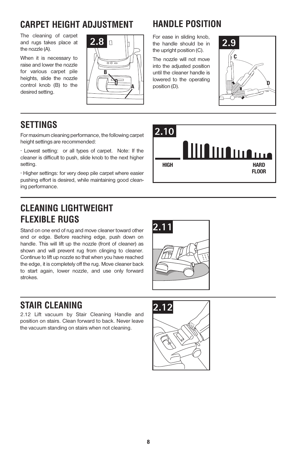 Carpet height adjustment, Handle position, Settings | Cleaning lightweight flexible rugs, Stair cleaning | Hoover 56511A46 User Manual | Page 15 / 48