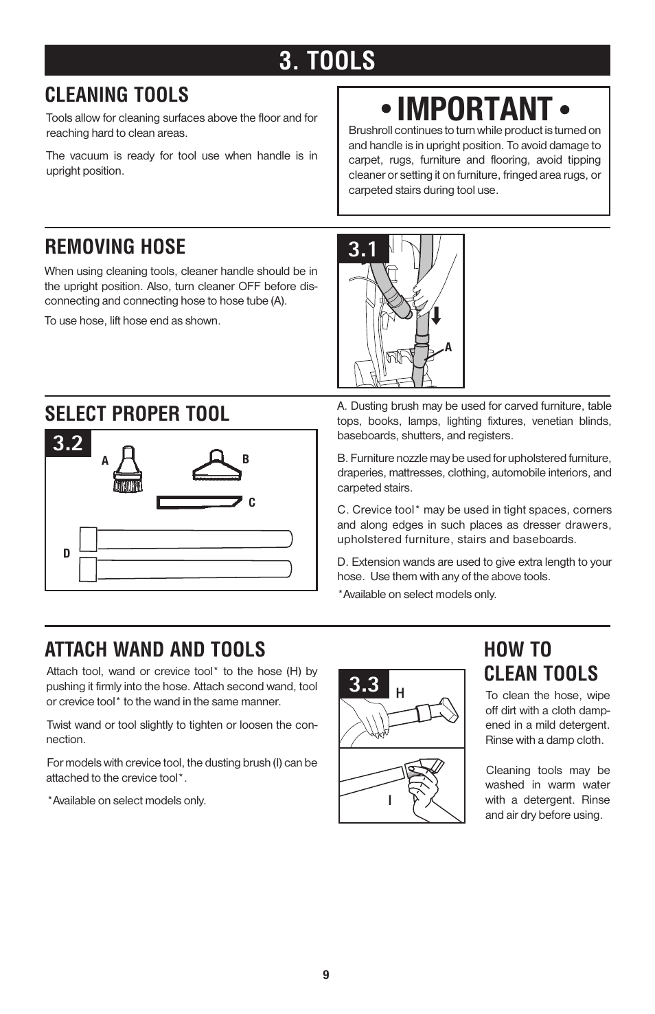 Important, Tools, Removing hose | Select proper tool, Attach wand and tools, How to clean tools, Cleaning tools | Hoover 56511A46 User Manual | Page 18 / 48