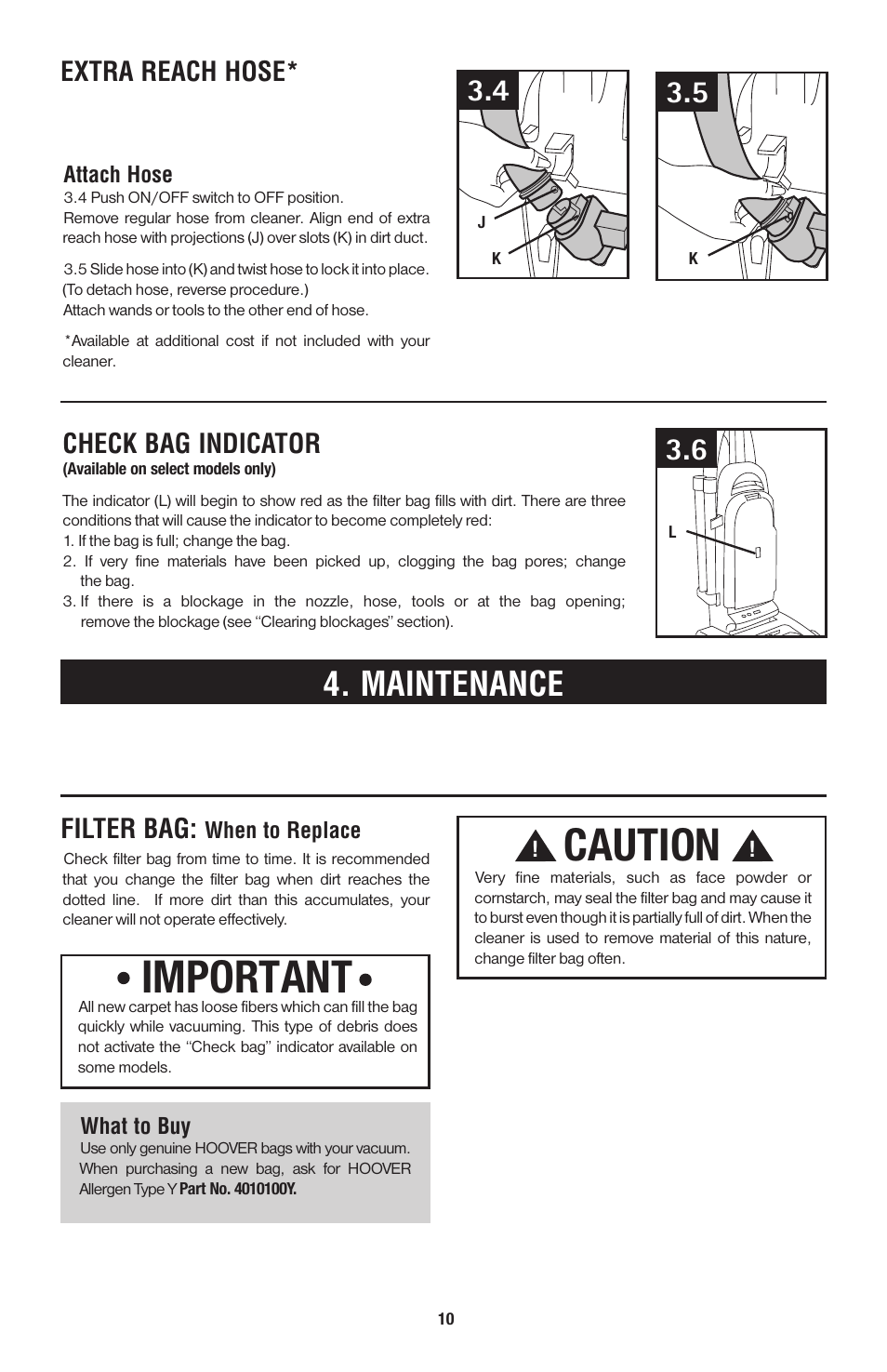 Caution, Important, Maintenance | Extra reach hose, Check bag indicator, Filter bag | Hoover 56511A46 User Manual | Page 19 / 48