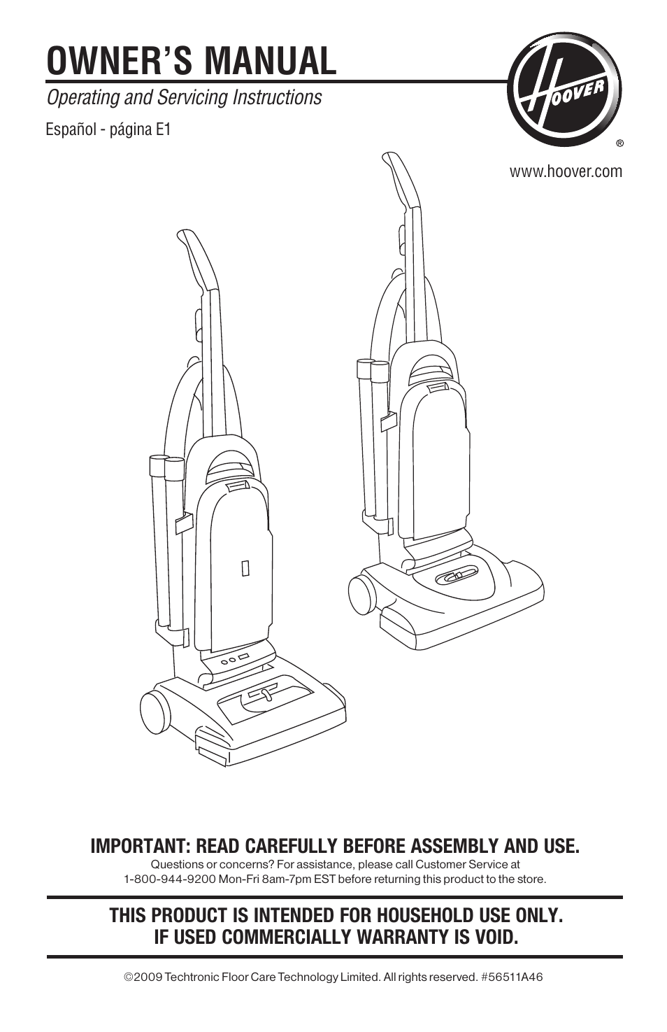 Owner’s manual | Hoover 56511A46 User Manual | Page 2 / 48