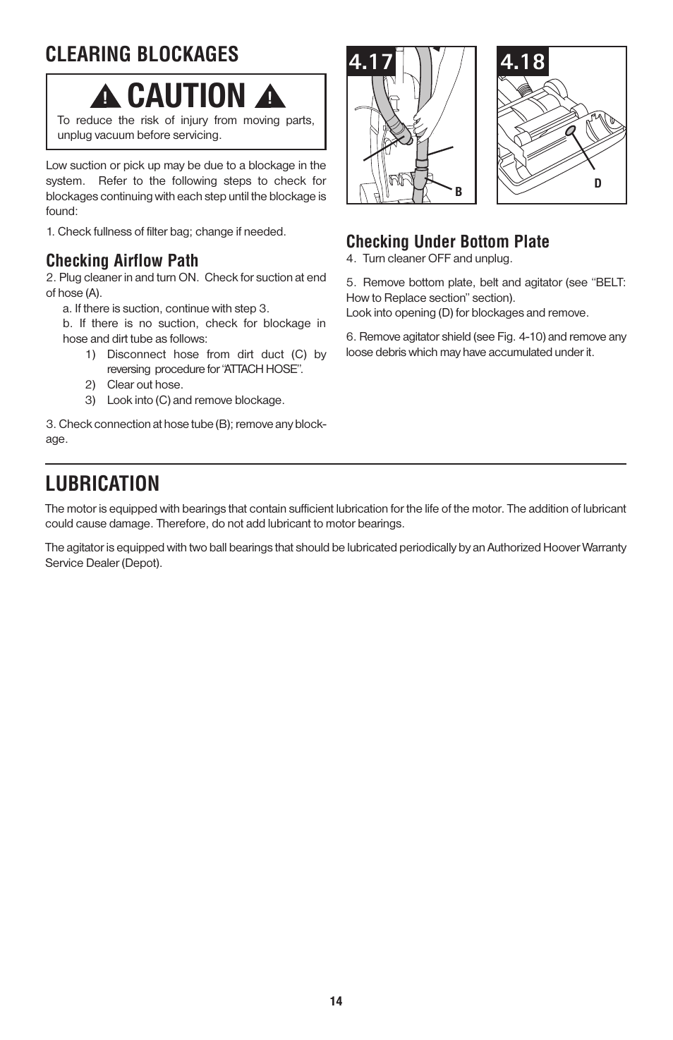 Caution, Clearing blockages, Lubrication | Checking under bottom plate, Checking airflow path | Hoover 56511A46 User Manual | Page 27 / 48