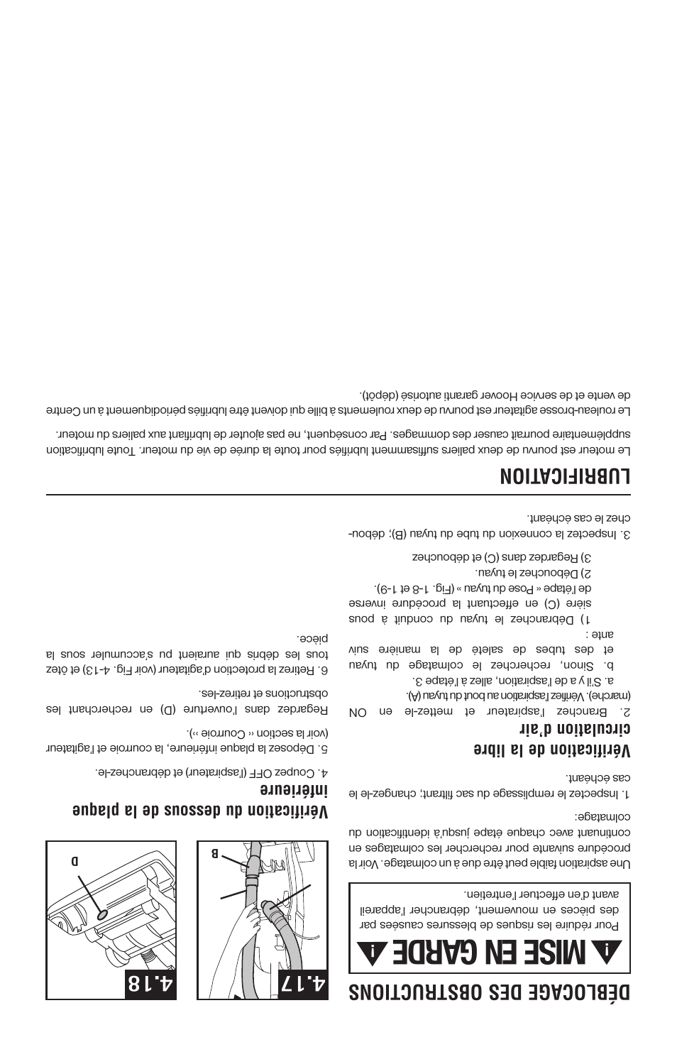 Mise en garde, Lubrifi cation, Déblo cag e des obstructions | Vérification de la libre circulation d’air, Vérification du dessous de la plaque inférieure | Hoover 56511A46 User Manual | Page 28 / 48