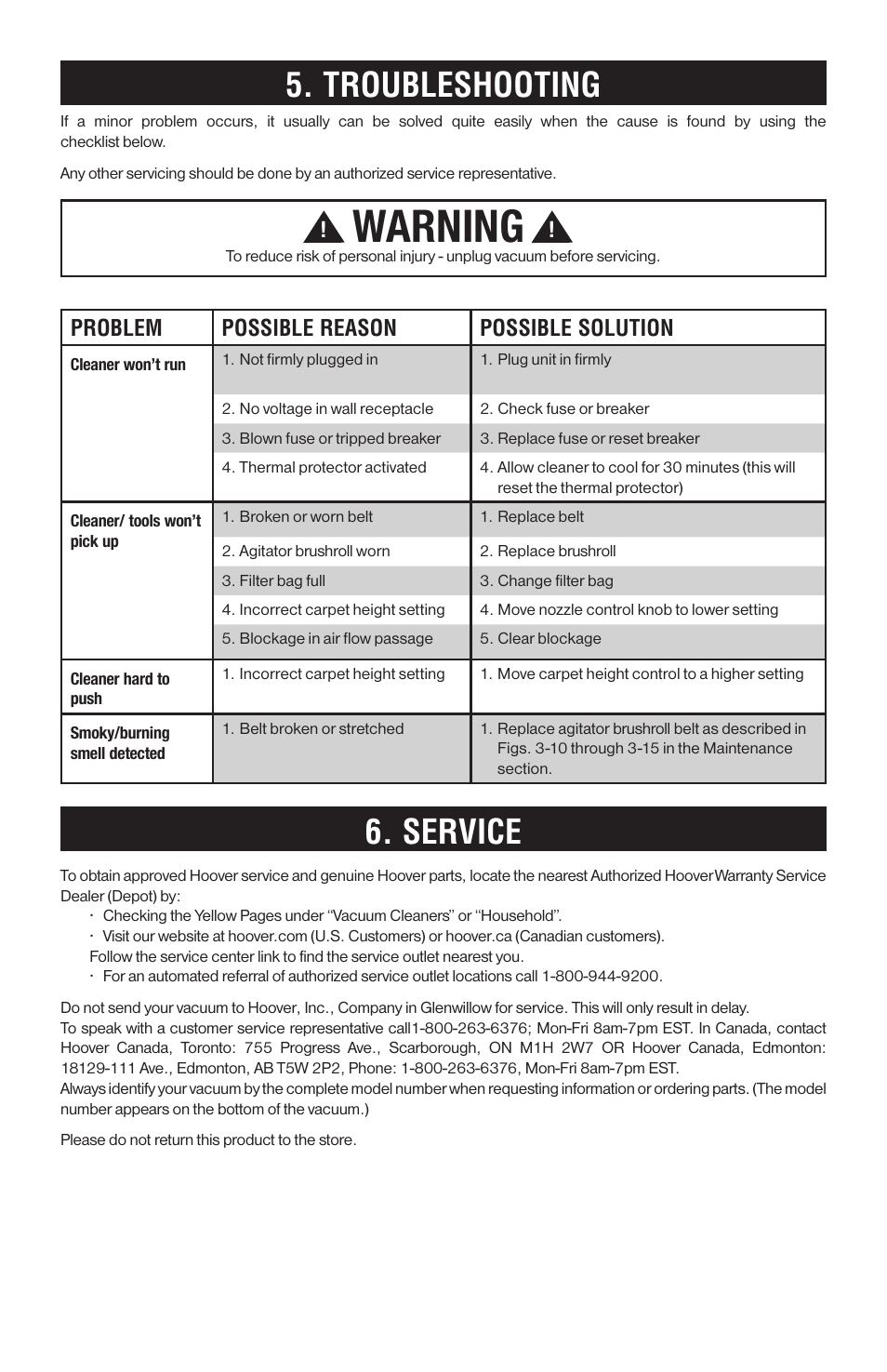 Warning, Troubleshooting, Service | Problem possible reason possible solution | Hoover 56511A46 User Manual | Page 30 / 48