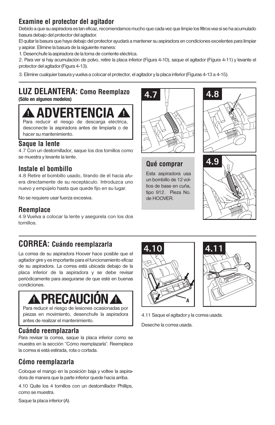 Advertencia, Precaución, Luz delantera | Correa | Hoover 56511A46 User Manual | Page 41 / 48