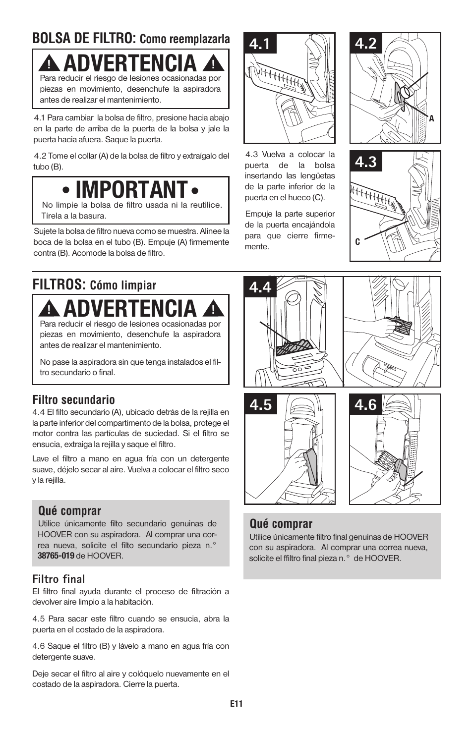 Important, Advertencia, Bolsa de filtro | Filtros | Hoover 56511A46 User Manual | Page 44 / 48