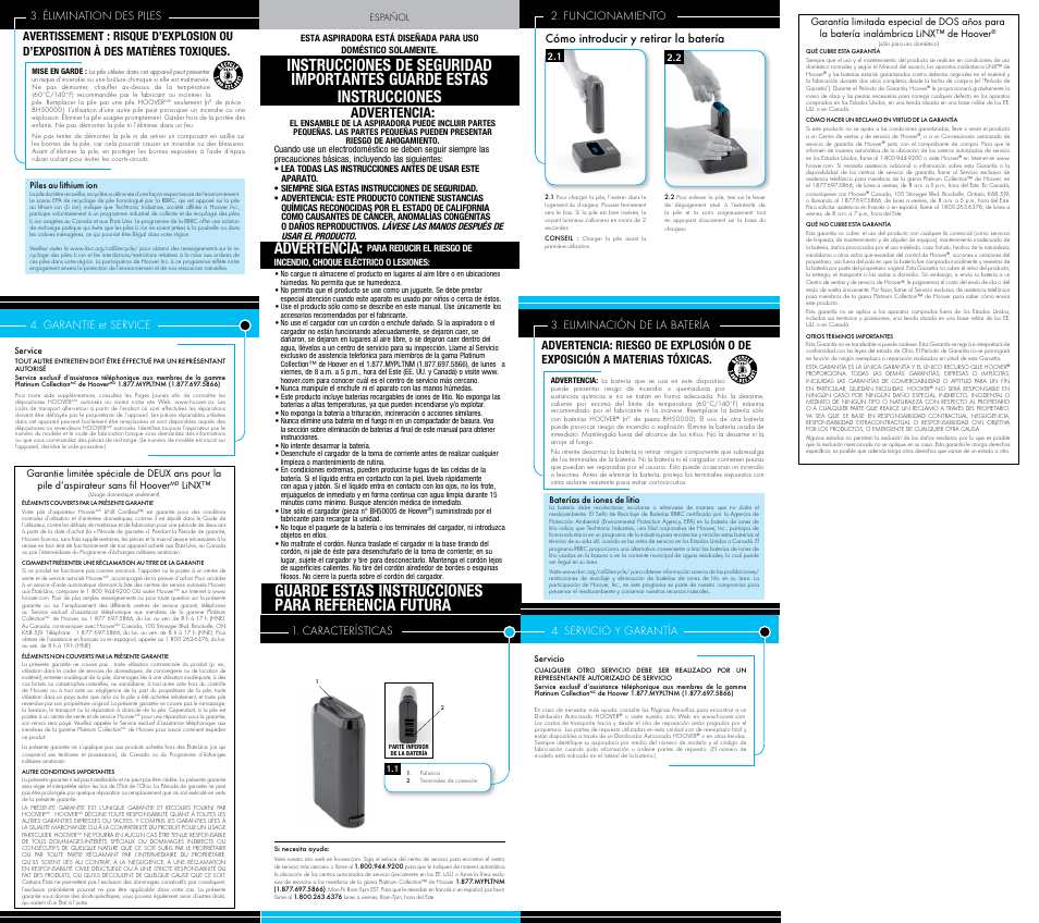 Guarde estas instrucciones para referencia futura, Advertencia, Características | Funcionamiento, Servicio y garantía, Cómo introducir y retirar la batería | Hoover Platinum Collection BH50000 User Manual | Page 2 / 2