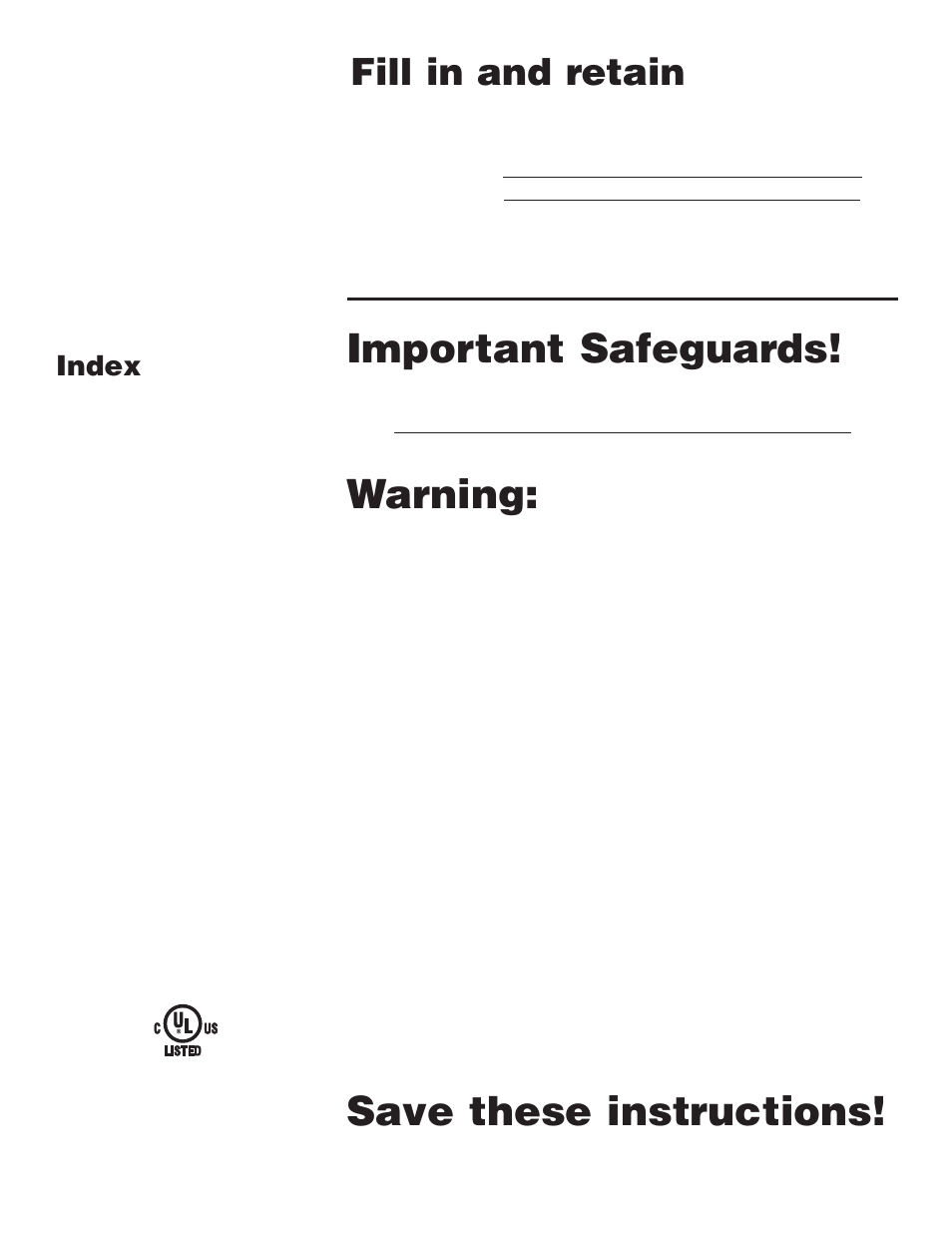 Important safeguards, Warning, Save these instructions | Fill in and retain, Index | Hoover Steam cleaner User Manual | Page 2 / 9