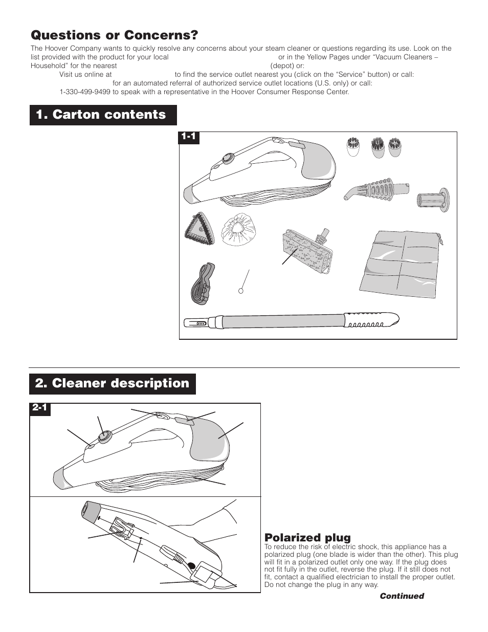 Carton contents 2. cleaner description, Questions or concerns, Polarized plug | Hoover Steam cleaner User Manual | Page 3 / 9