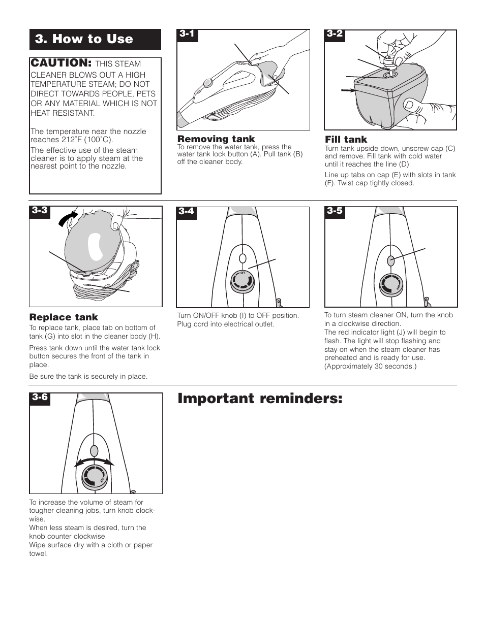 Important reminders, How to use, Caution | Hoover Steam cleaner User Manual | Page 4 / 9