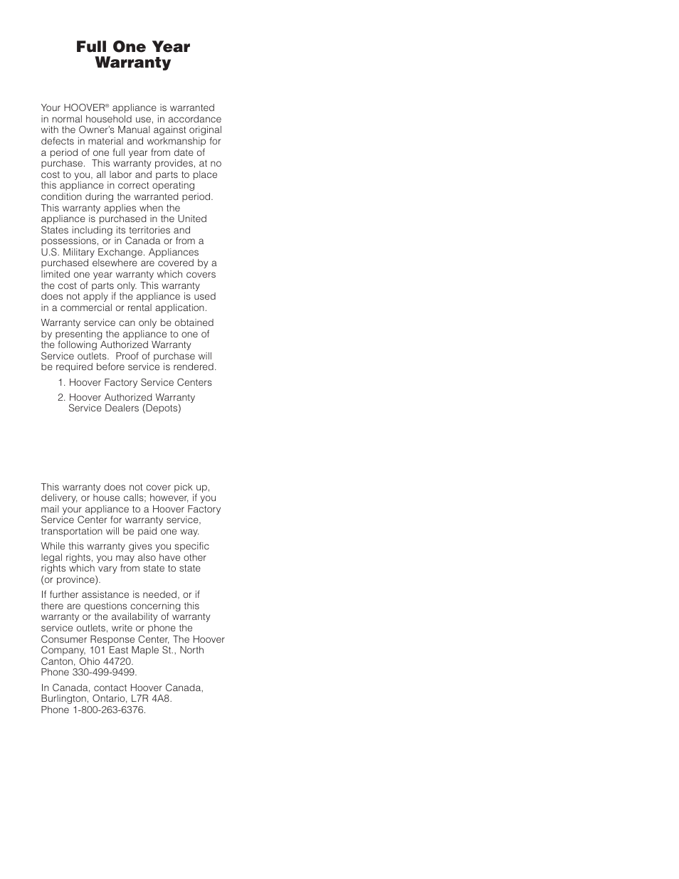 Full one year warranty (domestic use) | Hoover Steam cleaner User Manual | Page 9 / 9