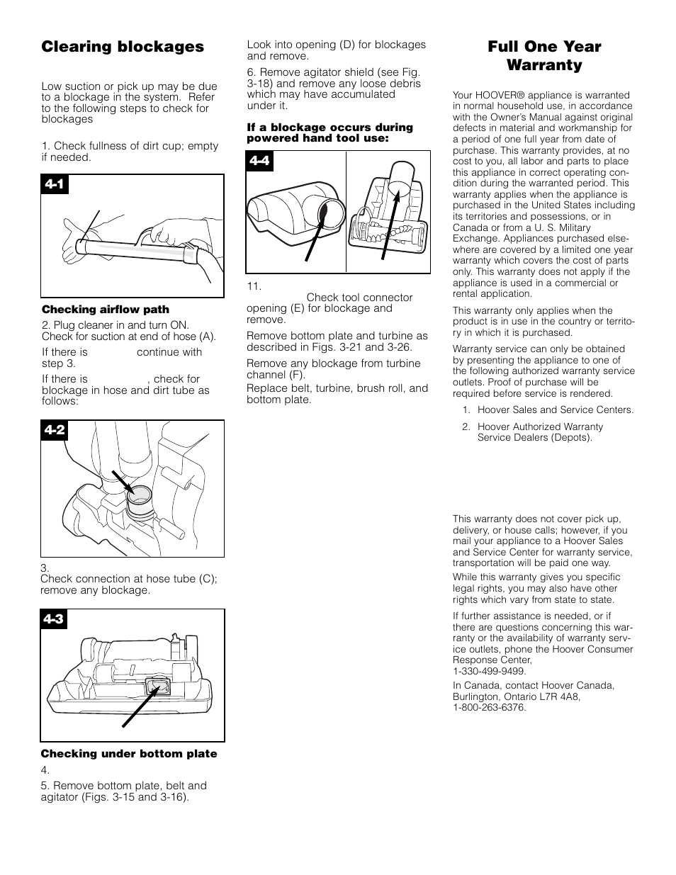 Clearing blockages, Full one year warranty | Hoover Elite Rewind Upright Cleaner User Manual | Page 12 / 24