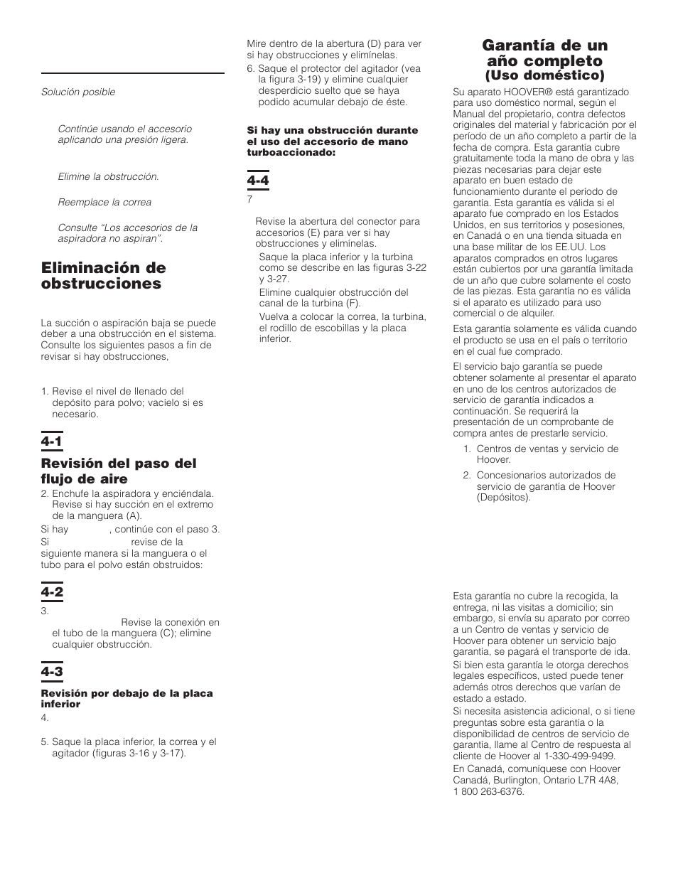 Eliminación de obstrucciones, Garantía de un año completo | Hoover Elite Rewind Upright Cleaner User Manual | Page 19 / 24