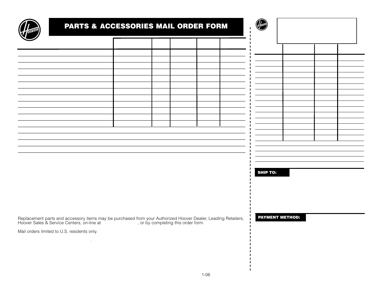 Parts & accessories mail order form | Hoover Elite Rewind Upright Cleaner User Manual | Page 21 / 24