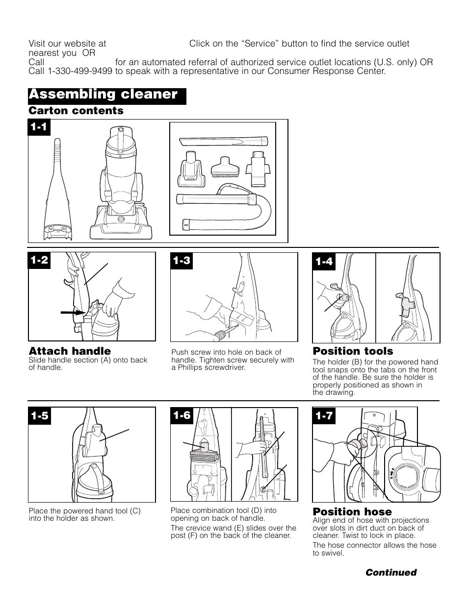 Assembling cleaner, Carton contents, Attach handle | Position tools, Position hose | Hoover Elite Rewind Upright Cleaner User Manual | Page 3 / 24