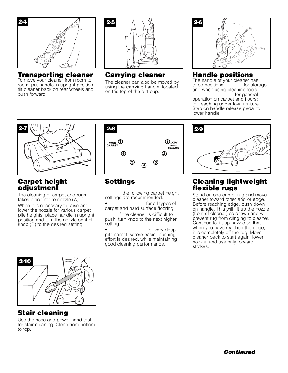 Transporting cleaner, Carrying cleaner, Handle positions | Carpet height adjustment, Settings, Cleaning lightweight flexible rugs, Stair cleaning | Hoover Elite Rewind Upright Cleaner User Manual | Page 5 / 24