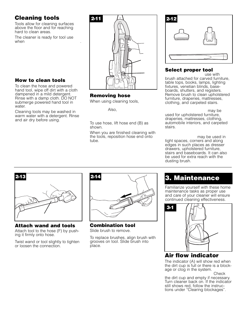 Maintenance, Air flow indicator, Cleaning tools | Hoover Elite Rewind Upright Cleaner User Manual | Page 6 / 24