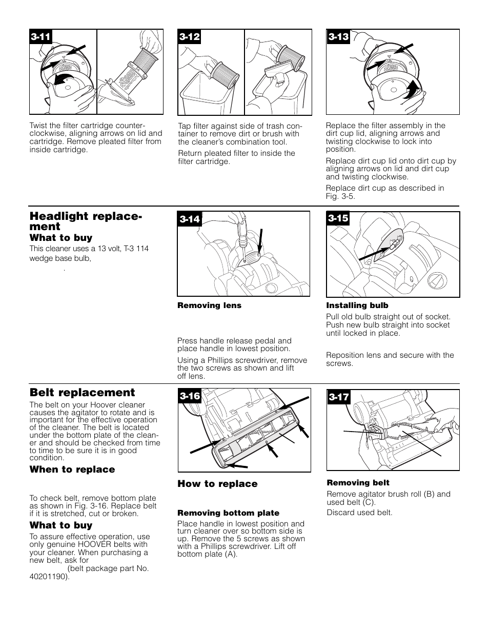 Headlight replace- ment, Belt replacement, What to buy | How to replace, When to replace | Hoover Elite Rewind Upright Cleaner User Manual | Page 8 / 24