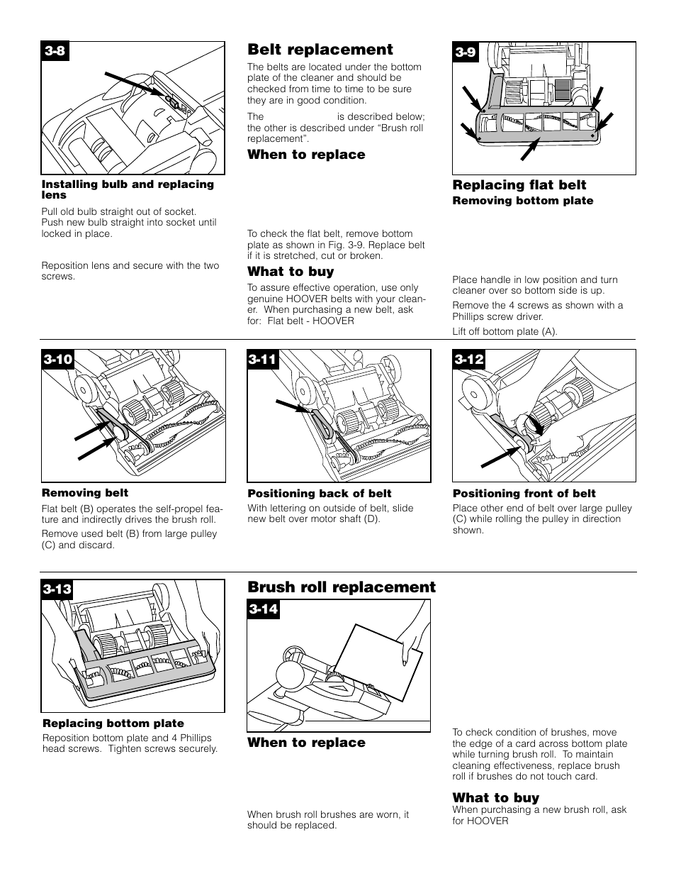 Belt replacement, Brush roll replacement | Hoover WindTunnel Self-Propelled Powered Hand Tool User Manual | Page 10 / 32