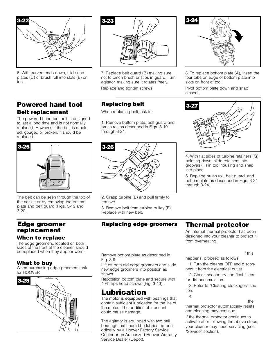 Lubrication, Thermal protector, Powered hand tool | Edge groomer replacement | Hoover WindTunnel Self-Propelled Powered Hand Tool User Manual | Page 12 / 32