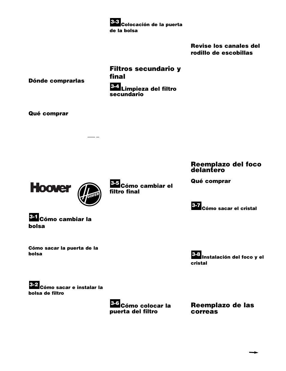 Filtros secundario y final, Reemplazo del foco delantero, Reemplazo de las correas | Hoover WindTunnel Self-Propelled Powered Hand Tool User Manual | Page 19 / 32