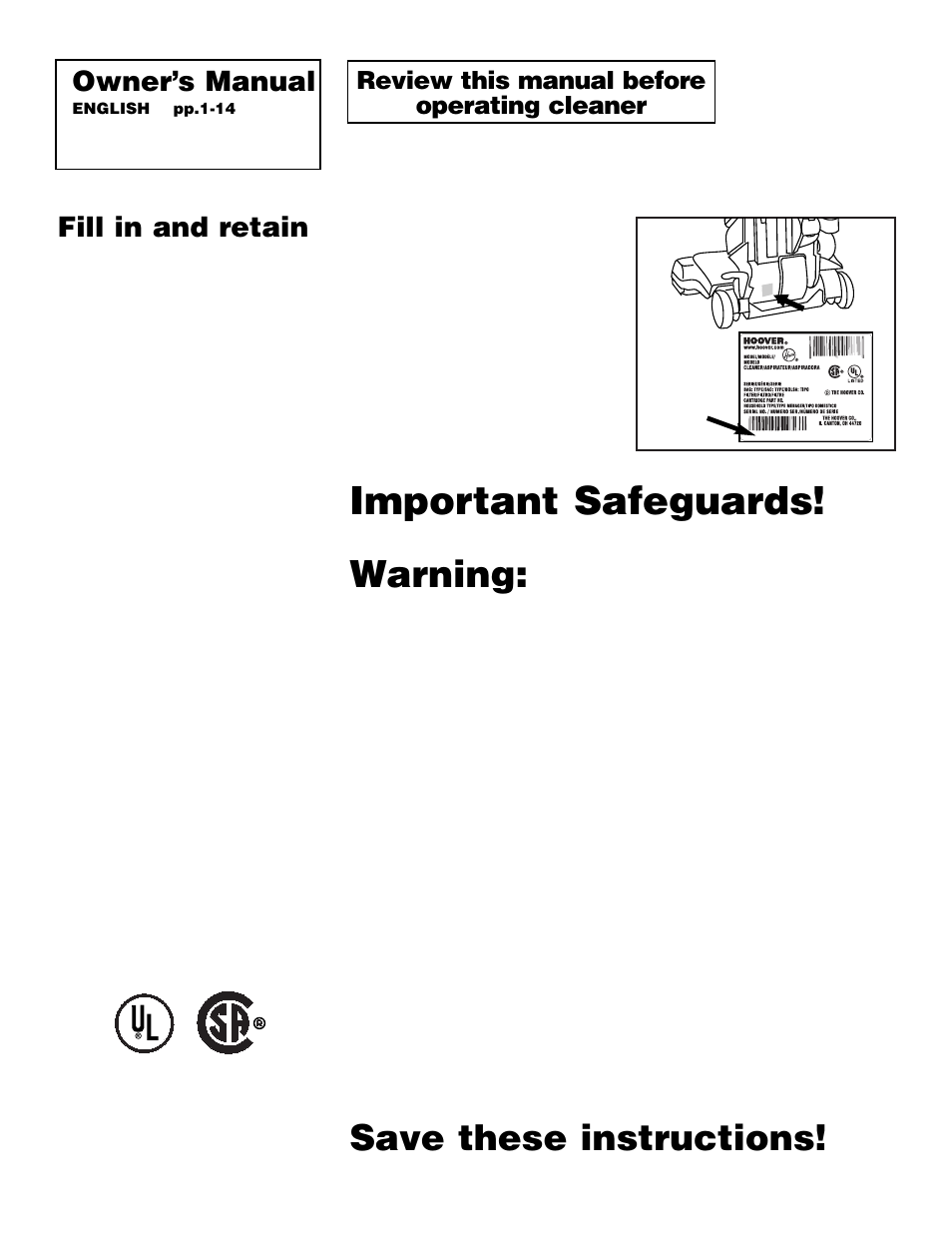 Important safeguards, Warning, Save these instructions | Fill in and retain, Owner’s manual, Review this manual before operating cleaner | Hoover WindTunnel Self-Propelled Powered Hand Tool User Manual | Page 2 / 32
