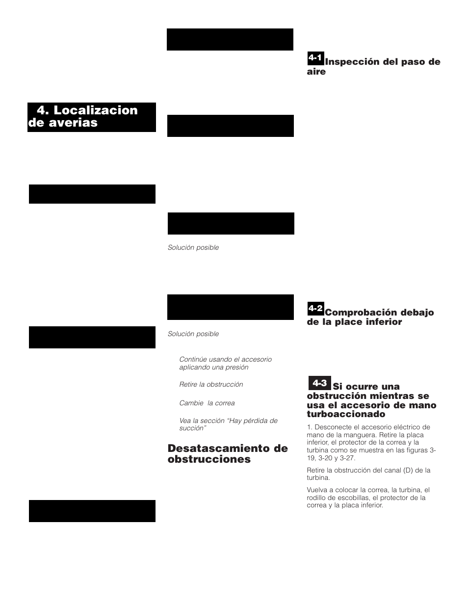 Localizacion de averias, Desatascamiento de obstrucciones, Inspección del paso de aire | Comprobación debajo de la place inferior | Hoover WindTunnel Self-Propelled Powered Hand Tool User Manual | Page 22 / 32