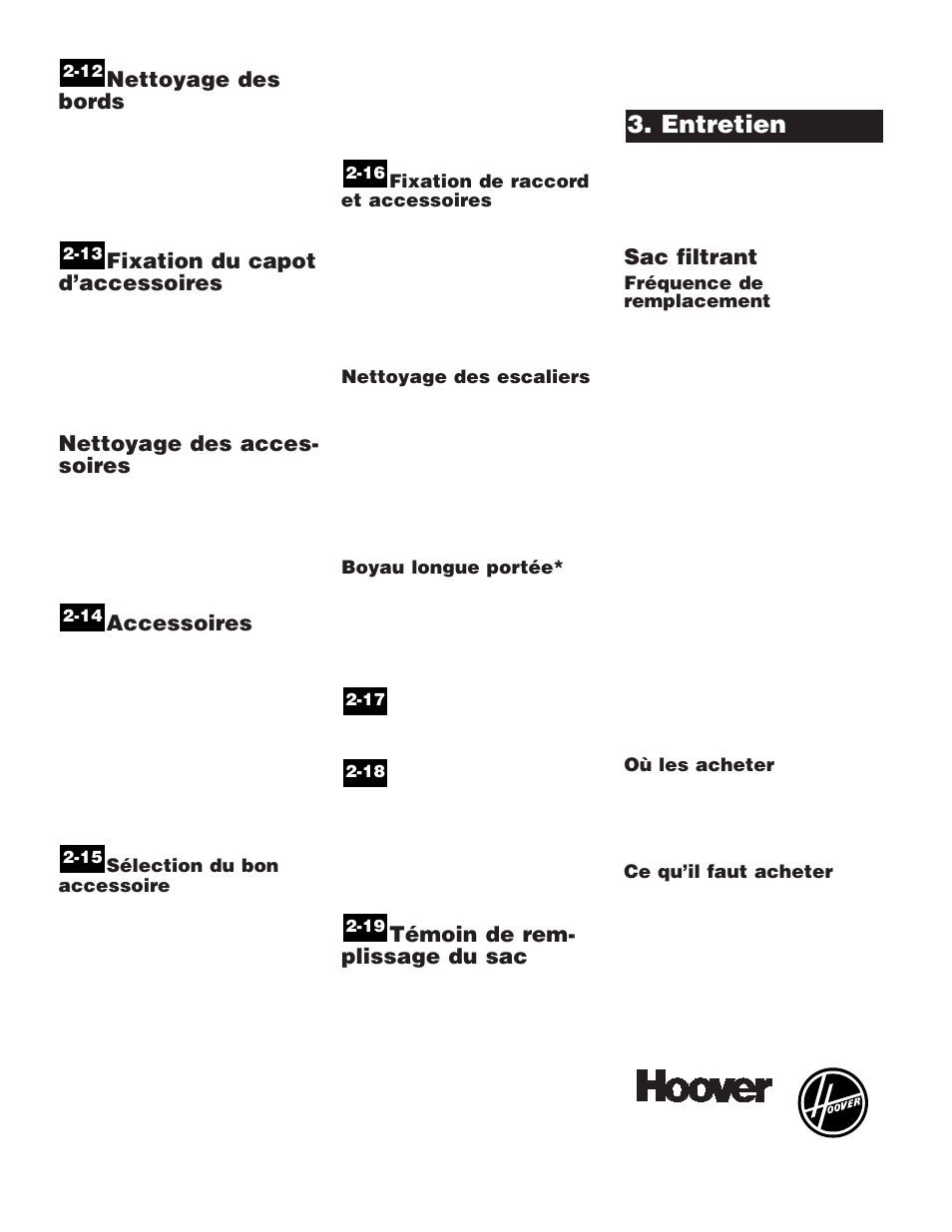 Entretien, Nettoyage des bords, Fixation du capot d’accessoires | Nettoyage des acces- soires, Accessoires, Témoin de rem- plissage du sac, Sac filtrant | Hoover WindTunnel Self-Propelled Powered Hand Tool User Manual | Page 28 / 32