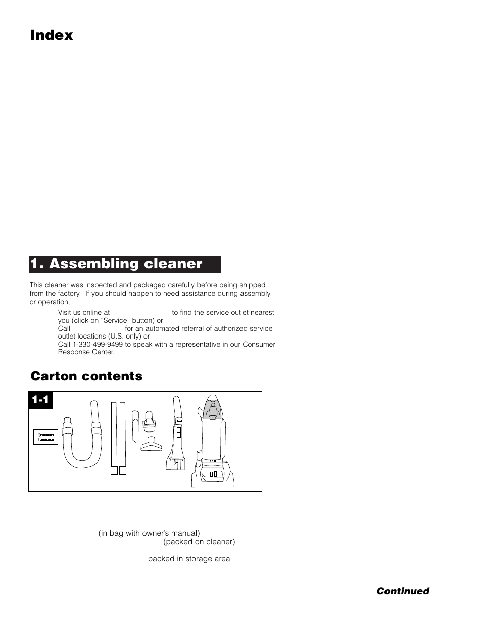 Assembling cleaner, Index, Carton contents | Hoover WindTunnel Self-Propelled Powered Hand Tool User Manual | Page 3 / 32