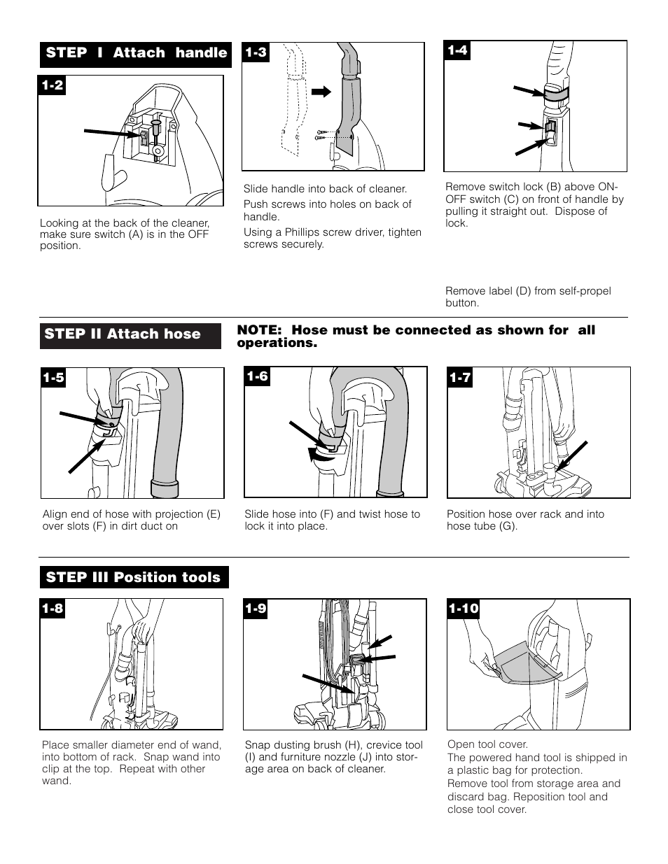 Step ii attach hose, Step iii position tools, Step i attach handle | Hoover WindTunnel Self-Propelled Powered Hand Tool User Manual | Page 4 / 32
