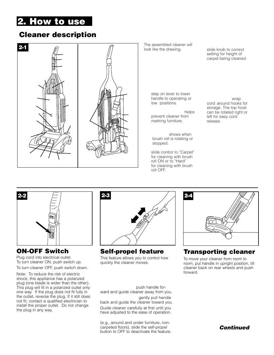 How to use, Cleaner description, On-off switch | Self-propel feature, Transporting cleaner | Hoover WindTunnel Self-Propelled Powered Hand Tool User Manual | Page 5 / 32