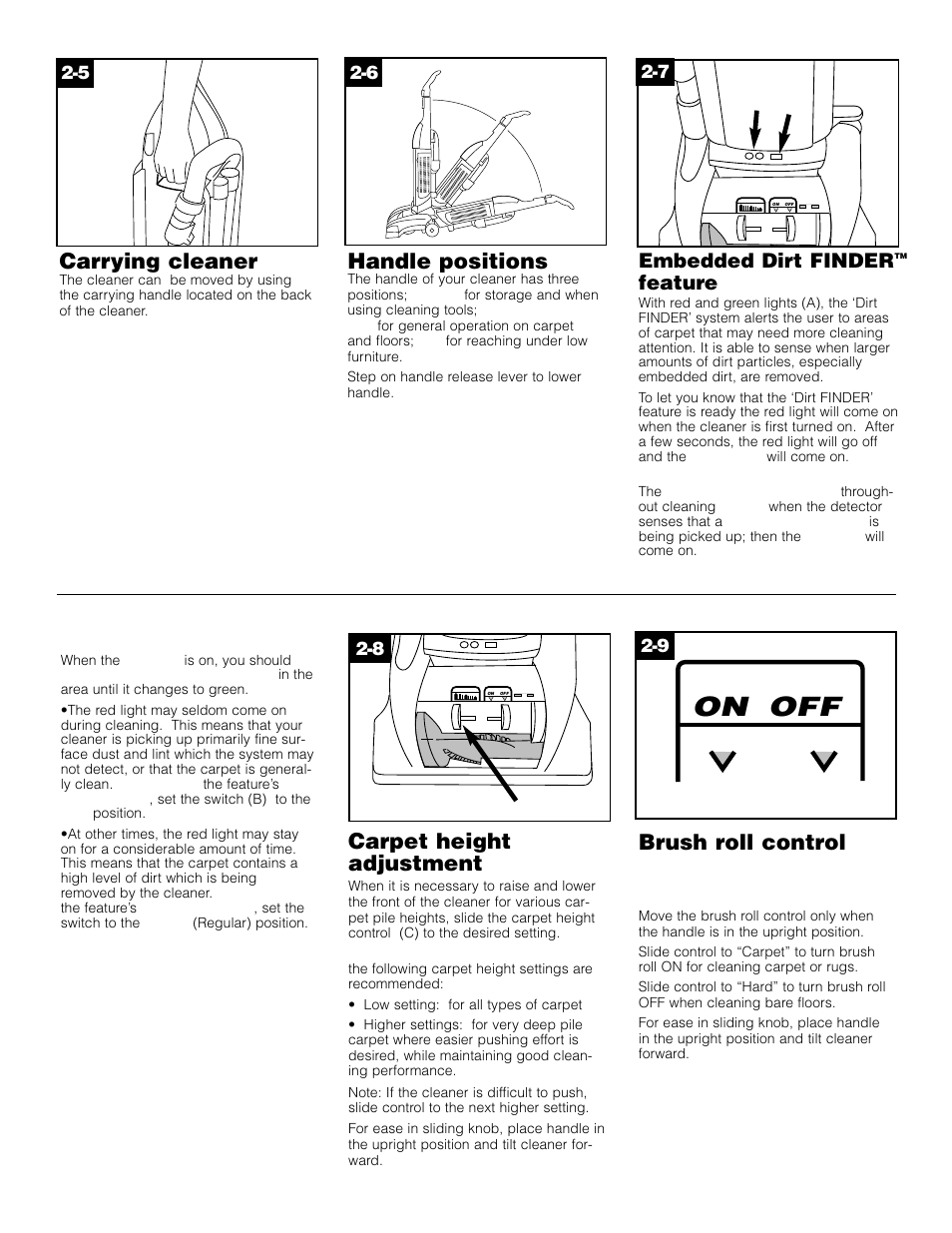 On off, Brush roll control, Handle positions | Carrying cleaner, Carpet height adjustment, Embedded dirt finder feature, Some models), Brush roll | Hoover WindTunnel Self-Propelled Powered Hand Tool User Manual | Page 6 / 32